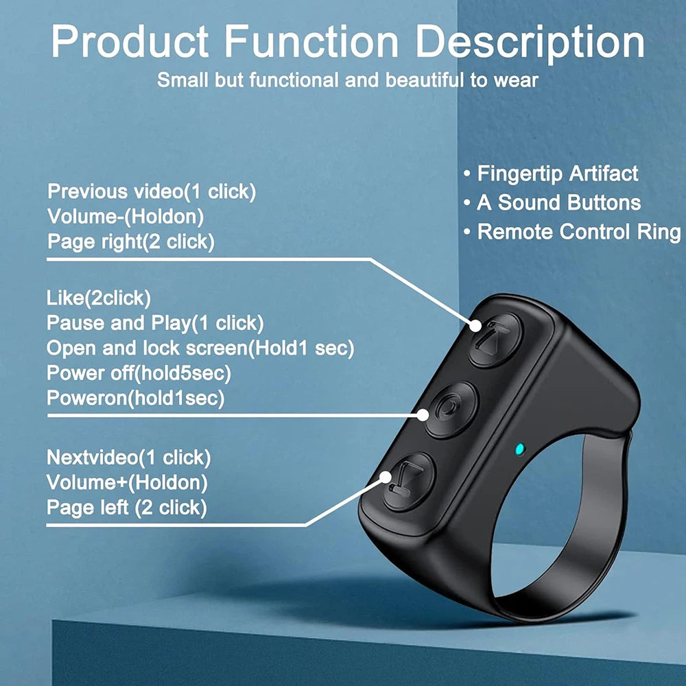 Phone Remote Control Page Turner Bluetooth Compatible Scrolling Ring for Tiktok Kindle App Phone Video Recording Controller