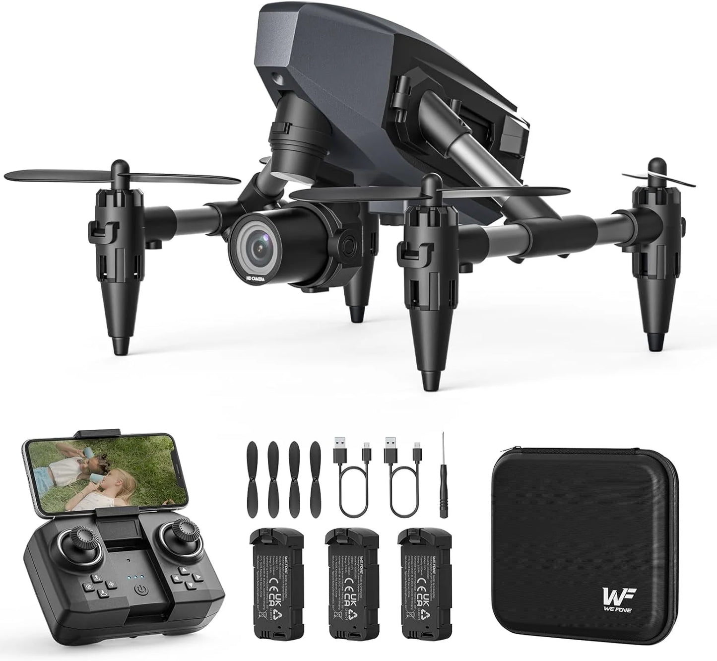 WF10 Mini Drone with Camera for Kids 1080P, Remote Control Quadcopter with 3 Batteries, Black