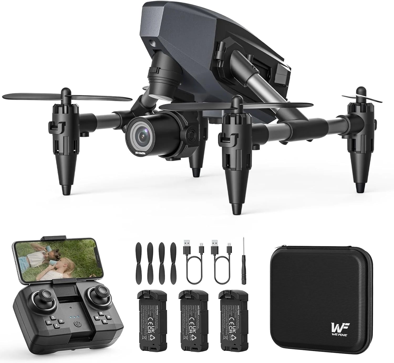 WF10 Mini Drone with Camera for Kids 1080P, Remote Control Quadcopter with 3 Batteries, Black