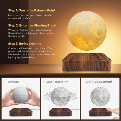 Levitating Moon Magnetic Floating Night Light, 3 Colors Temperature, Creative Table 3D LED Lamp with Wooden Base for Gift Office