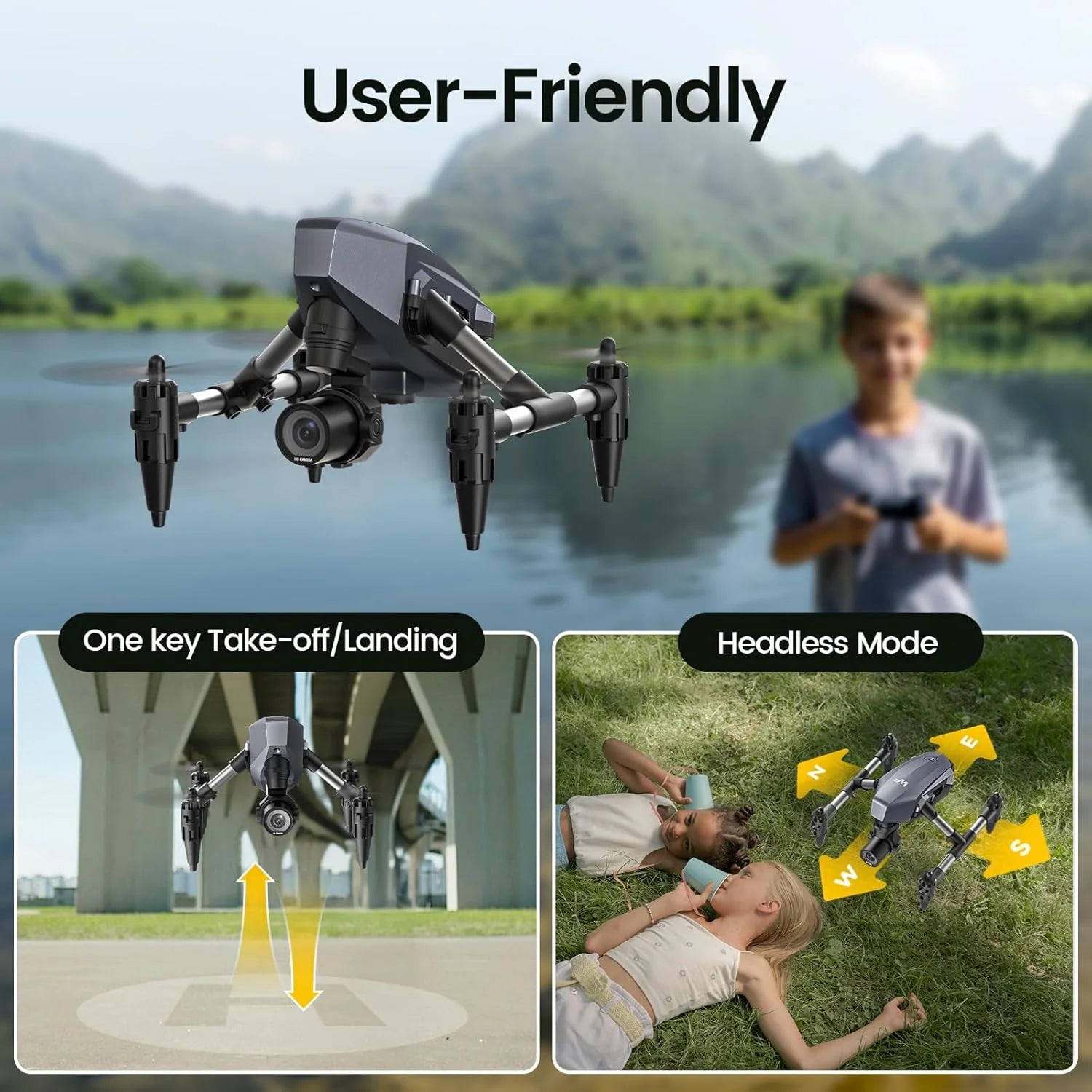 WF10 Mini Drone with Camera for Kids 1080P, Remote Control Quadcopter with 3 Batteries, Black